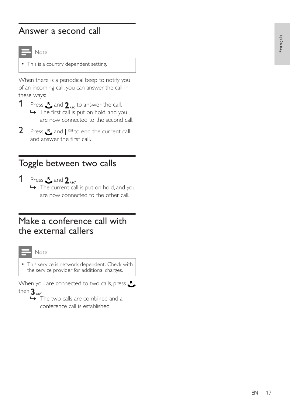 Answer a second call, Toggle between two calls, Make a conference call with the external callers | Make a conference call with the, External callers, Toggle between two calls 1 | Philips SE171 User Manual | Page 17 / 36