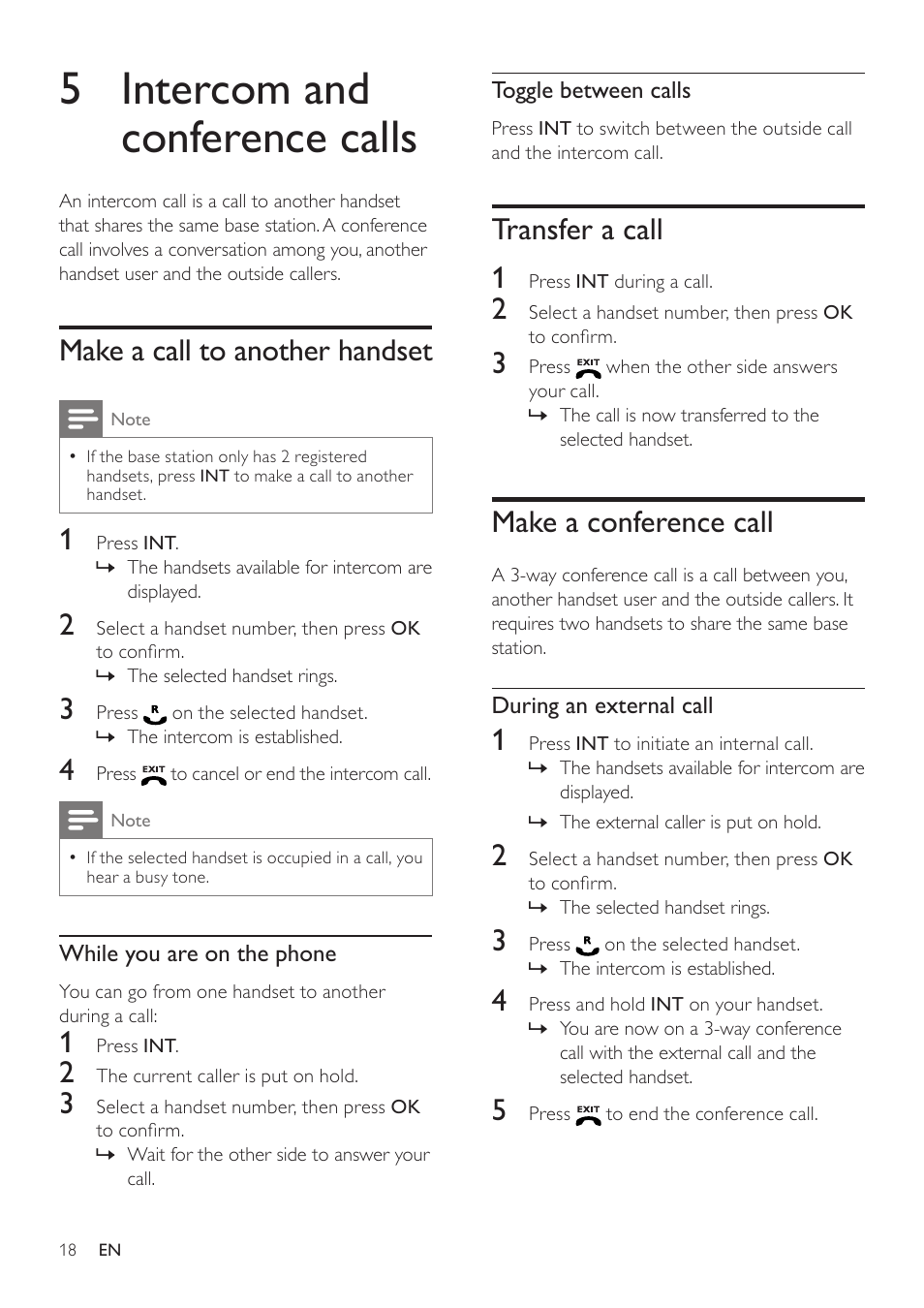 5 intercom and conference calls, Make a call to another handset, Transfer a call | Make a conference call, Transfer a call 1 | Philips SE171 User Manual | Page 18 / 36