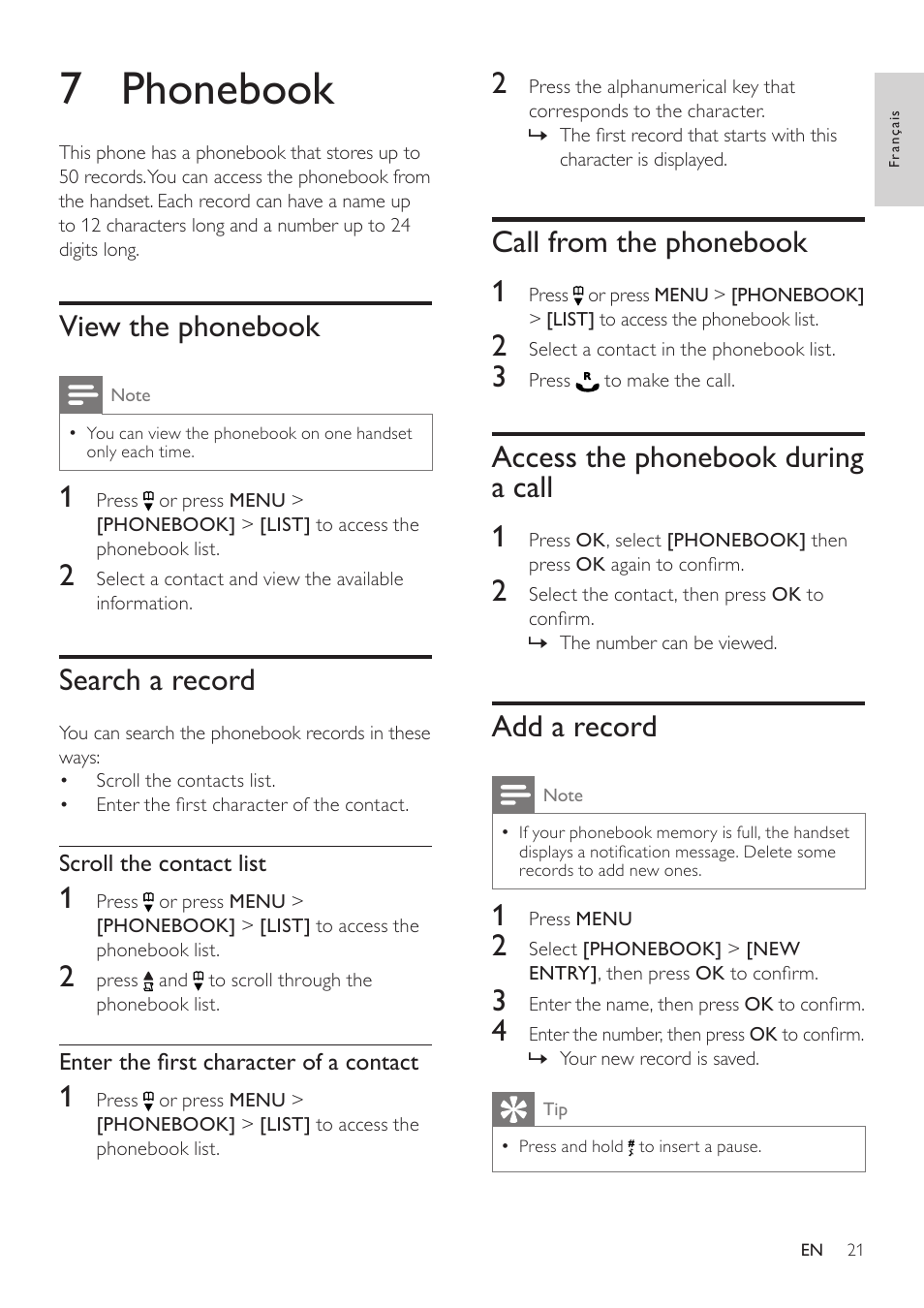 7 phonebook, View the phonebook, Search a record | Call from the phonebook, Access the phonebook during a call, Add a record, Call from the phonebook 1, Access the phonebook during a call 1 | Philips SE171 User Manual | Page 21 / 36