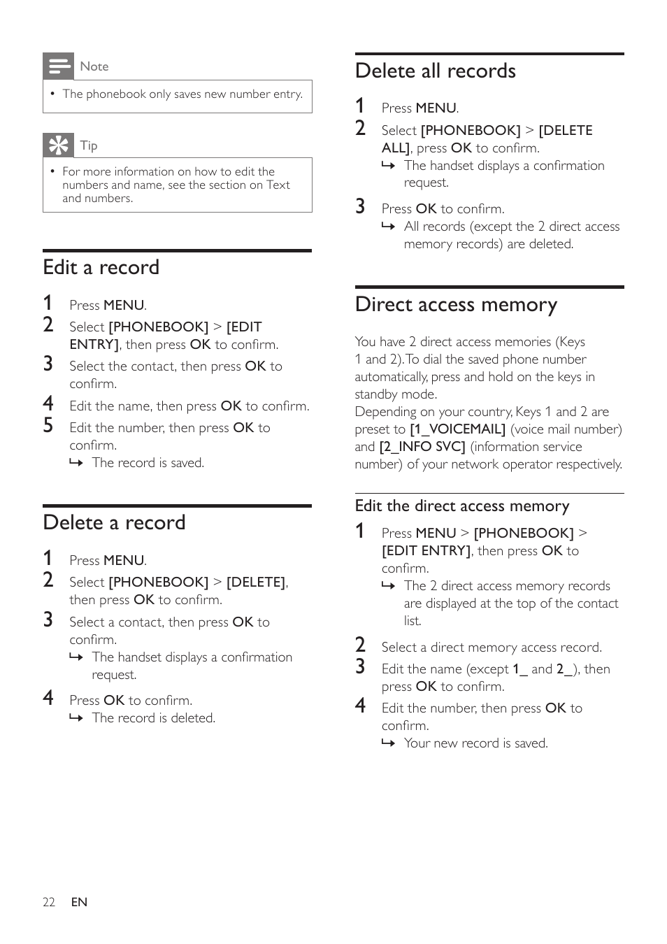 Edit a record, Delete a record, Delete all records | Direct access memory, Edit a record 1, Delete a record 1, Delete all records 1 | Philips SE171 User Manual | Page 22 / 36