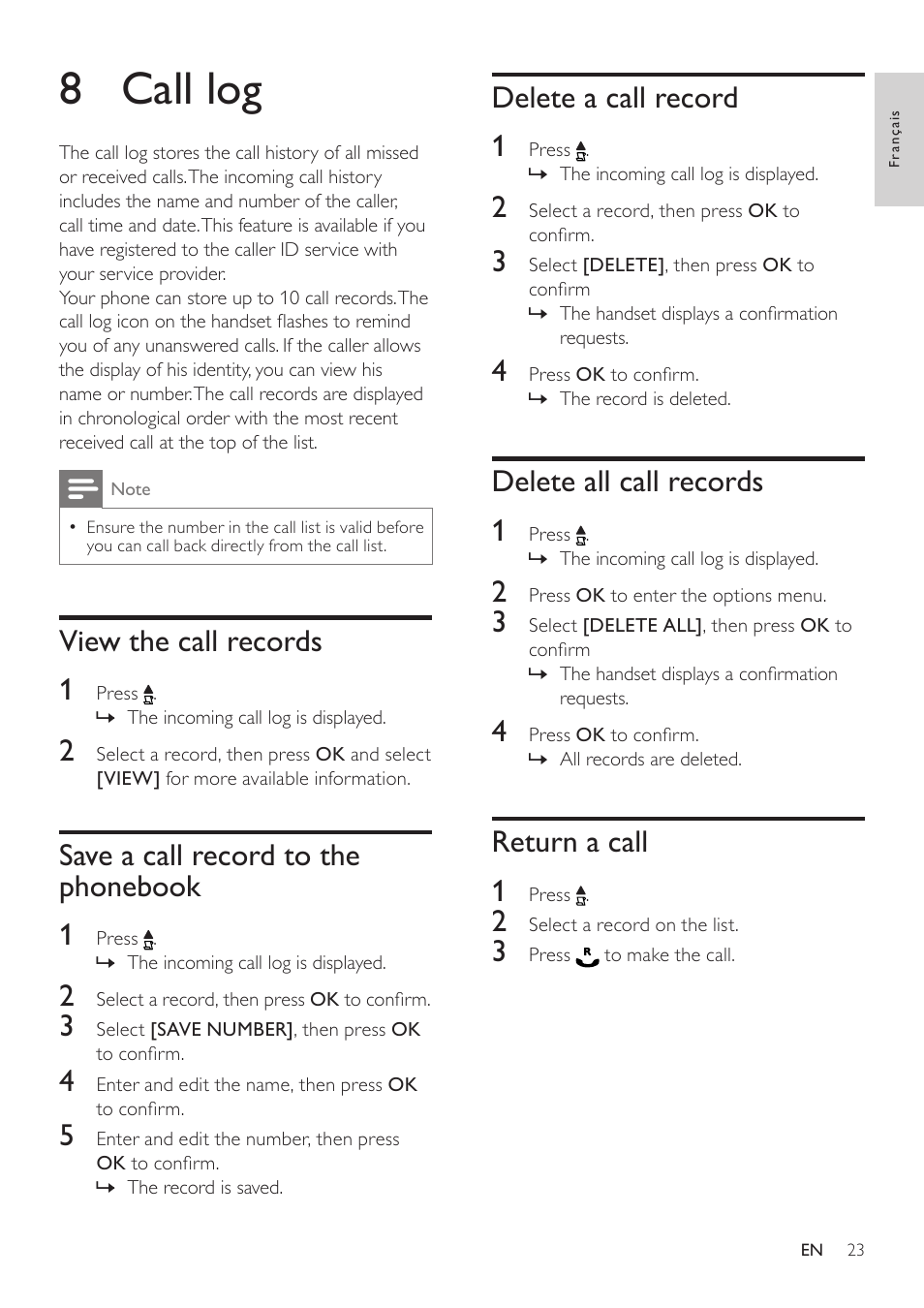 8 call log, View the call records, Save a call record to the phonebook | Delete a call record, Delete all call records, Return a call, Save a call record to the phonebook 23, View the call records 1, Save a call record to the phonebook 1, Delete a call record 1 | Philips SE171 User Manual | Page 23 / 36