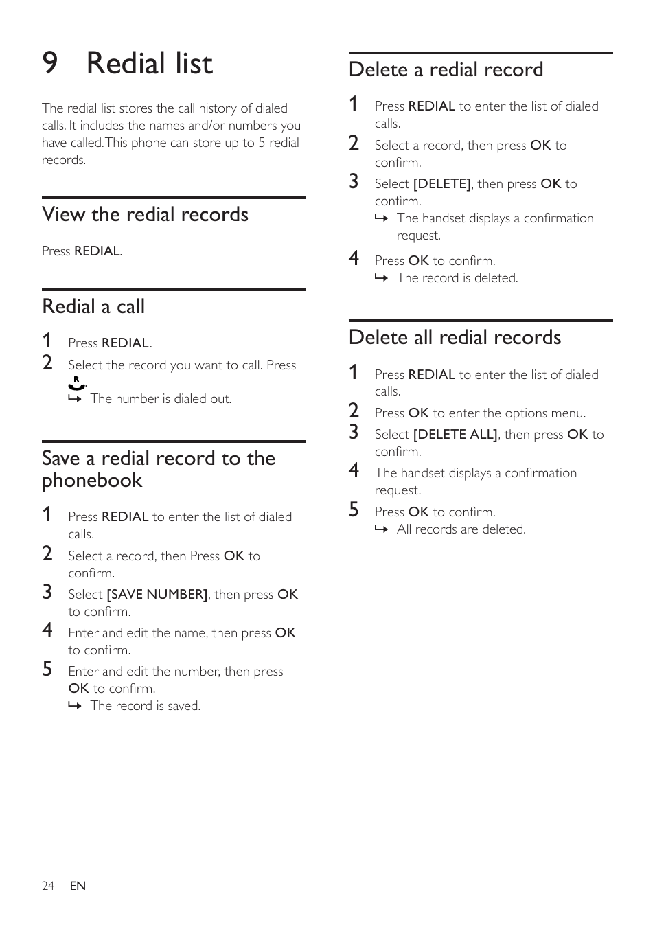 9 redial list, View the redial records, Redial a call | Save a redial record to the phonebook, Delete a redial record, Delete all redial records, Save a redial record to the phonebook 24, Redial a call 1, Save a redial record to the phonebook 1, Delete a redial record 1 | Philips SE171 User Manual | Page 24 / 36