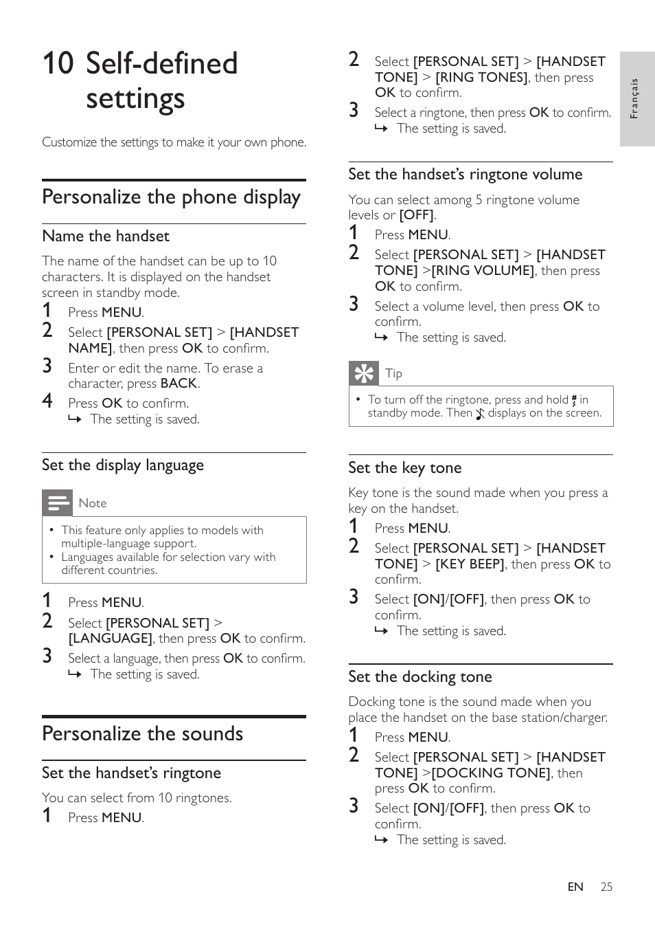 10 self-defined settings, Personalize the phone display, Personalize the sounds | Philips SE171 User Manual | Page 25 / 36