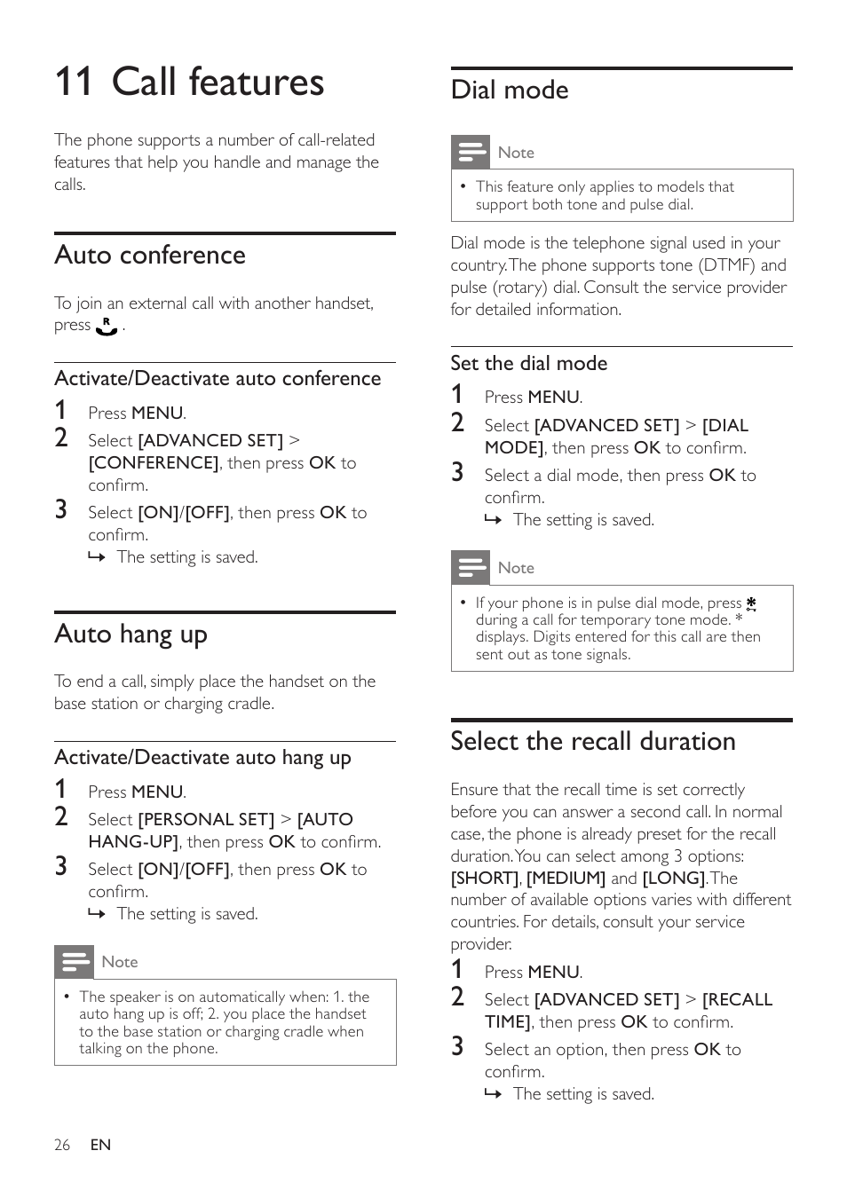 11 call features, Auto conference, Auto hang up | Dial mode, Select the recall duration | Philips SE171 User Manual | Page 26 / 36