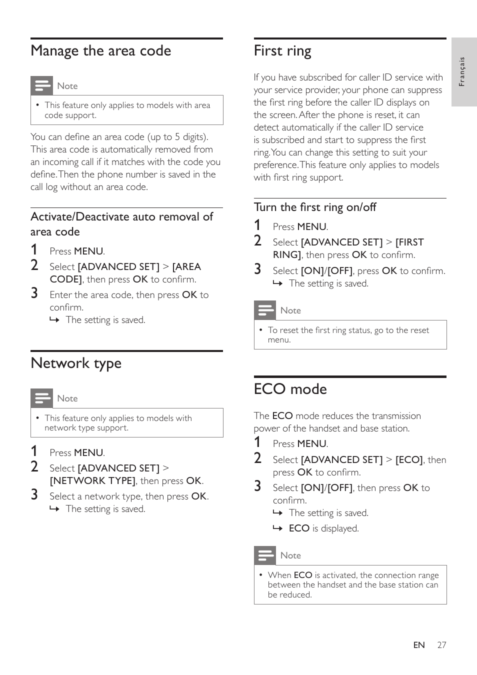 Manage the area code, Network type, First ring | Eco mode | Philips SE171 User Manual | Page 27 / 36