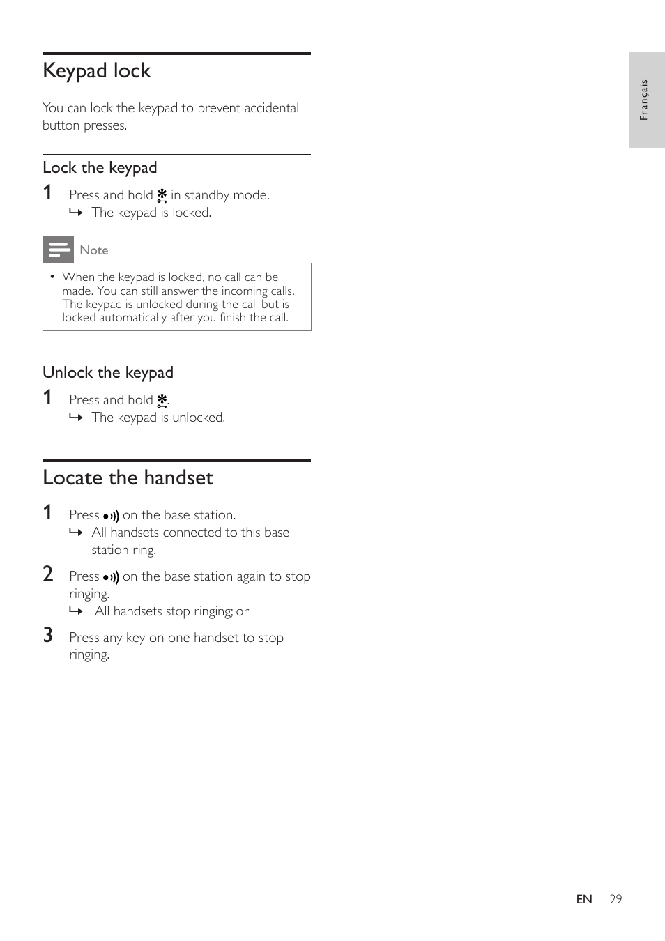 Keypad lock, Locate the handset, Locate the handset 1 | Philips SE171 User Manual | Page 29 / 36