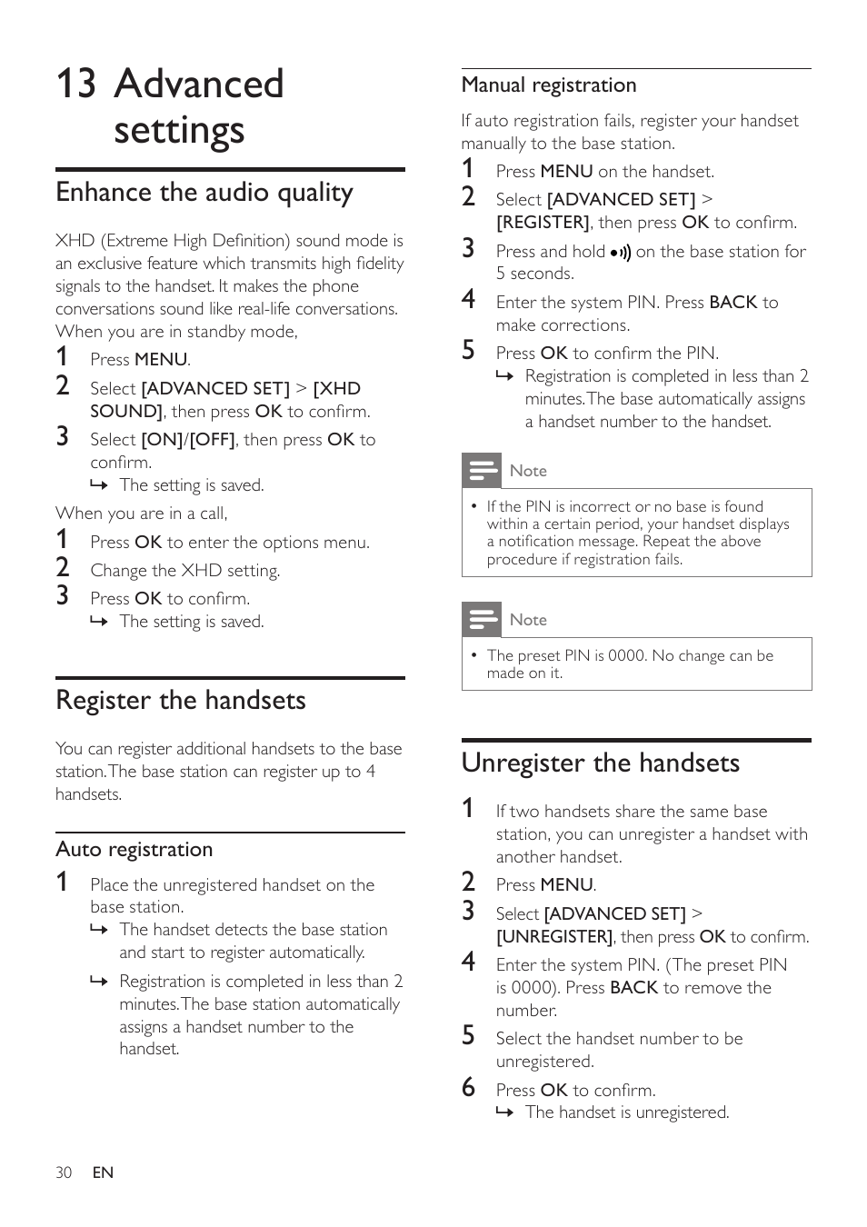 13 advanced settings, Enhance the audio quality, Register the handsets | Unregister the handsets, Unregister the handsets 1 | Philips SE171 User Manual | Page 30 / 36