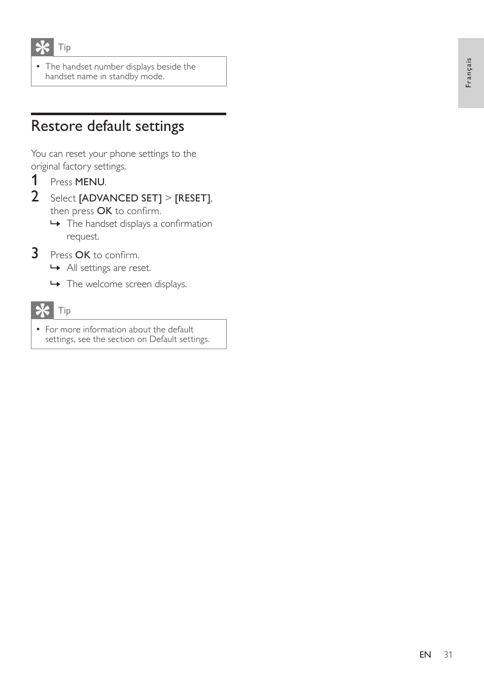 Restore default settings | Philips SE171 User Manual | Page 31 / 36