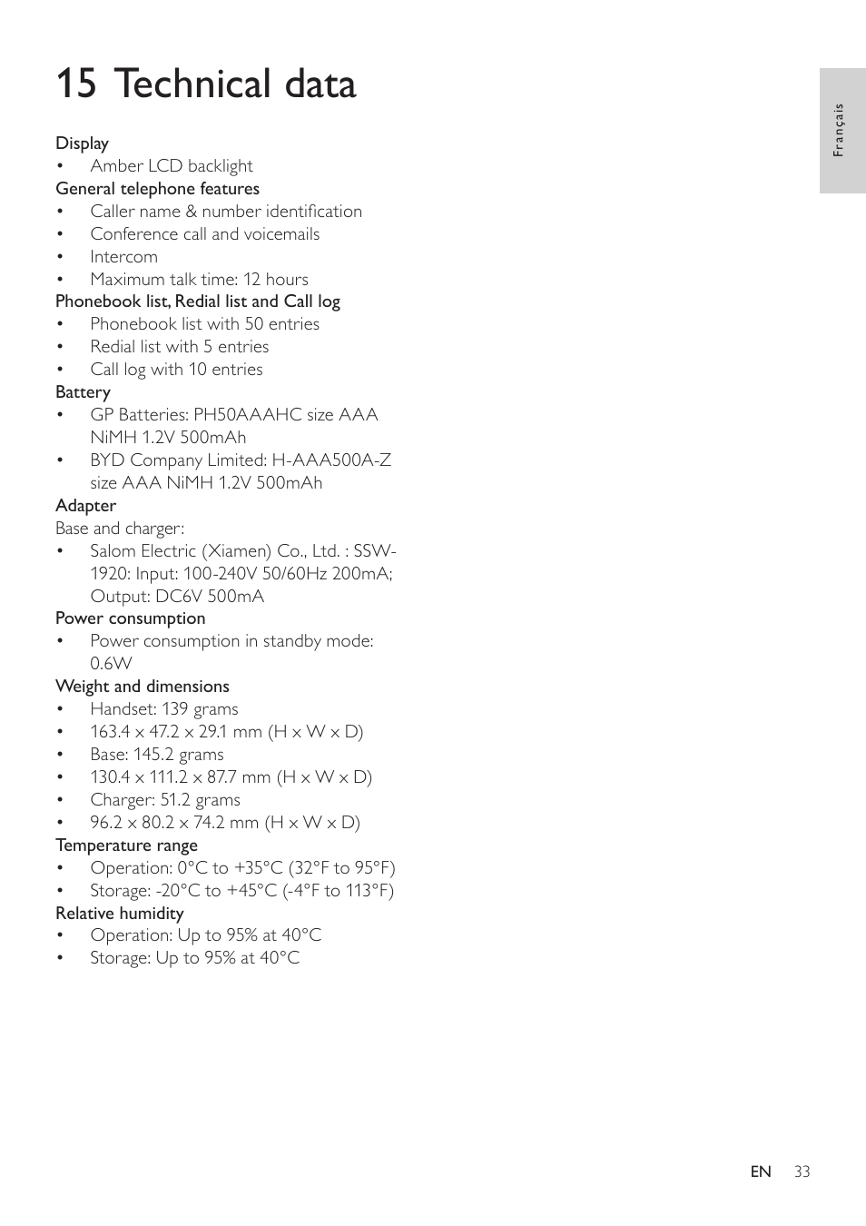 15 technical data | Philips SE171 User Manual | Page 33 / 36