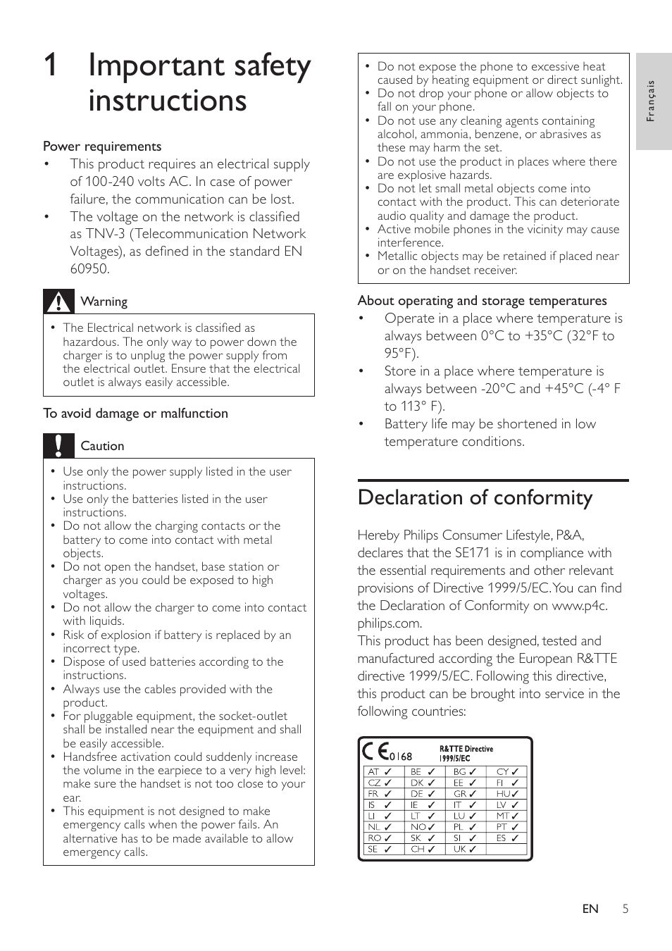 1 important safety instructions, Declaration of conformity | Philips SE171 User Manual | Page 5 / 36