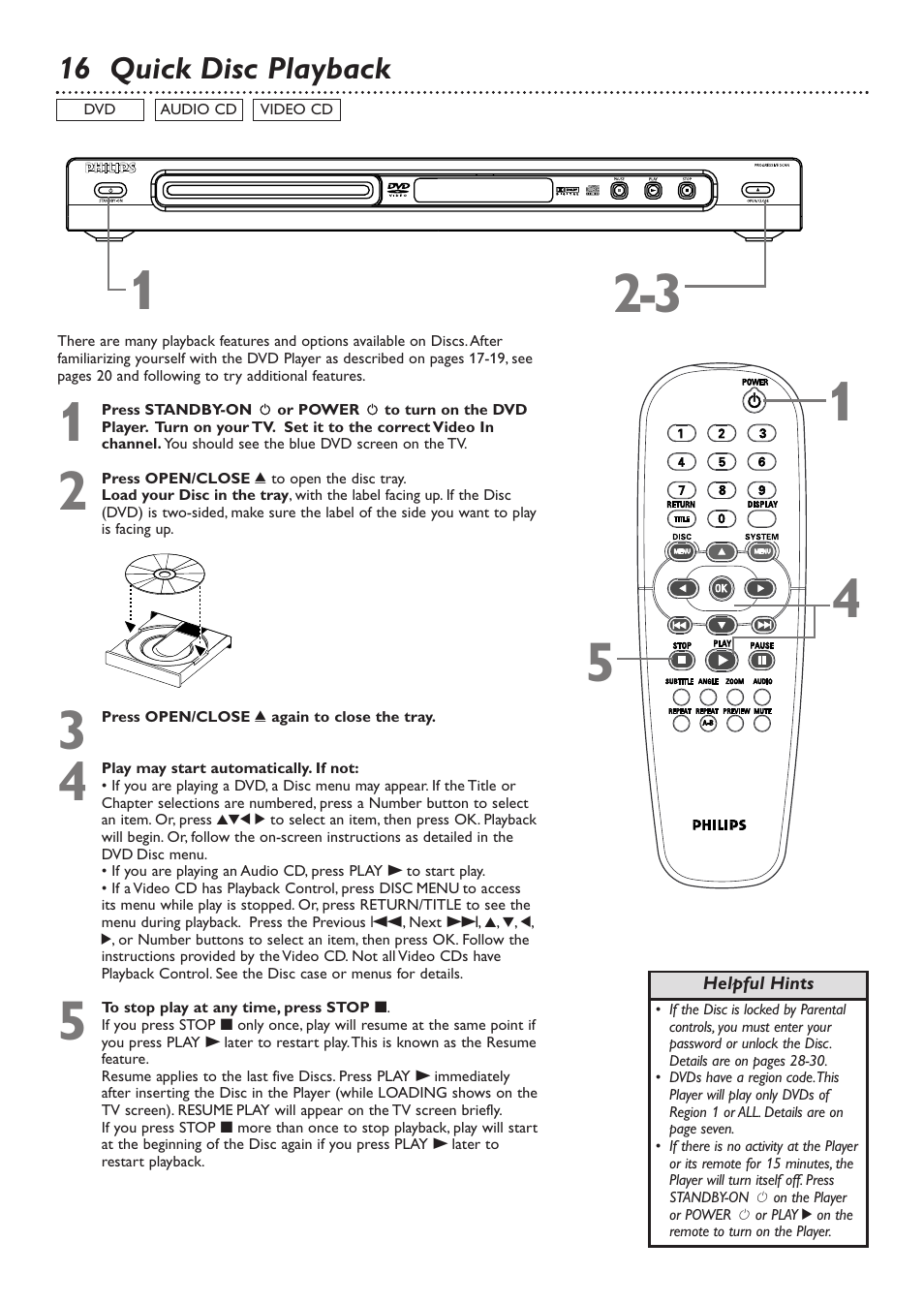 16 quick disc playback | Philips DVD726 User Manual | Page 16 / 51