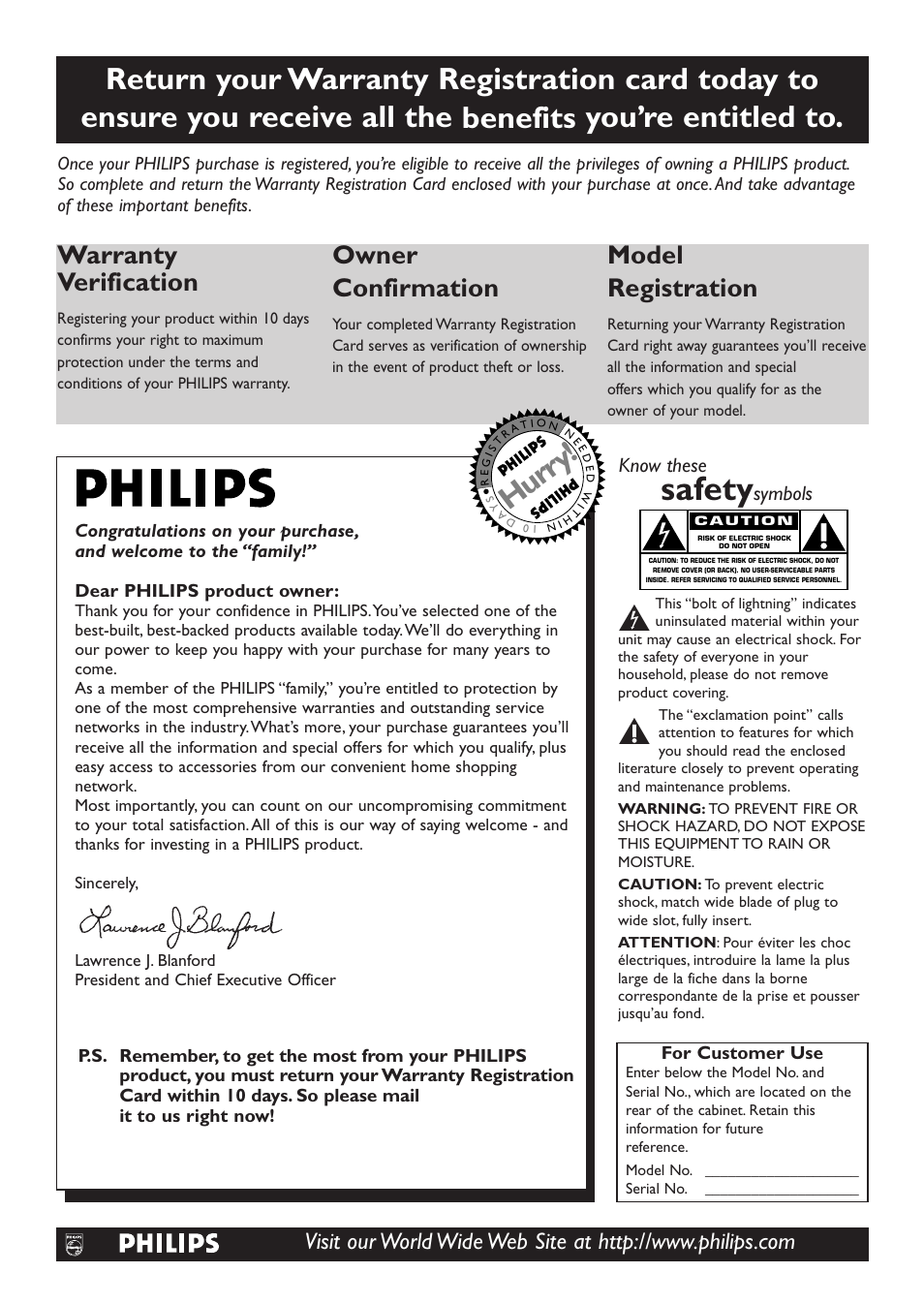 Safety, Hurry, Warranty verification | Owner confirmation, Model registration, Know these, Symbols | Philips DVD726 User Manual | Page 2 / 51