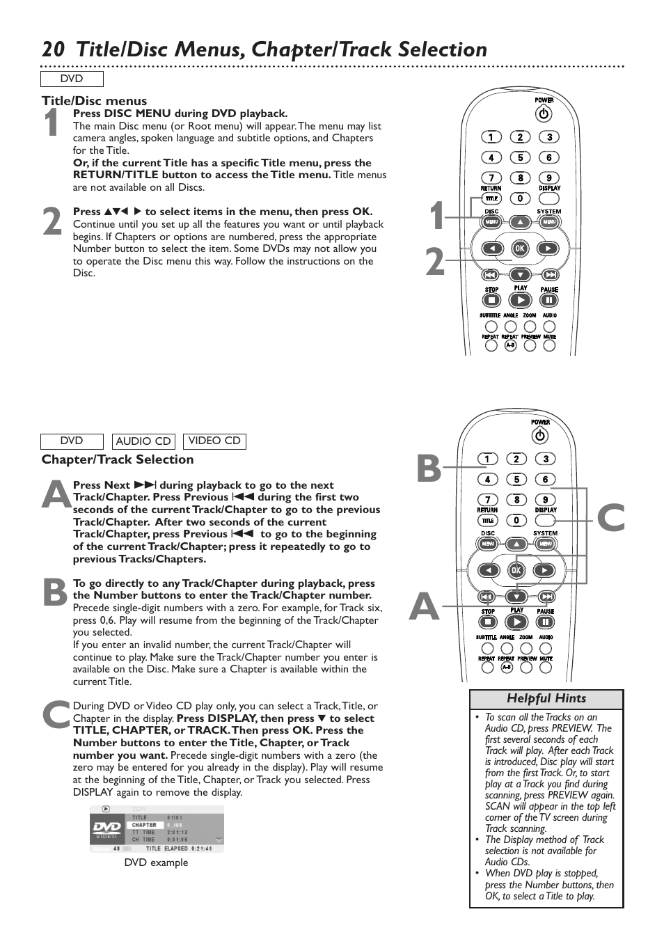 21 b c a, 20 title/disc menus, chapter/track selection | Philips DVD726 User Manual | Page 20 / 51