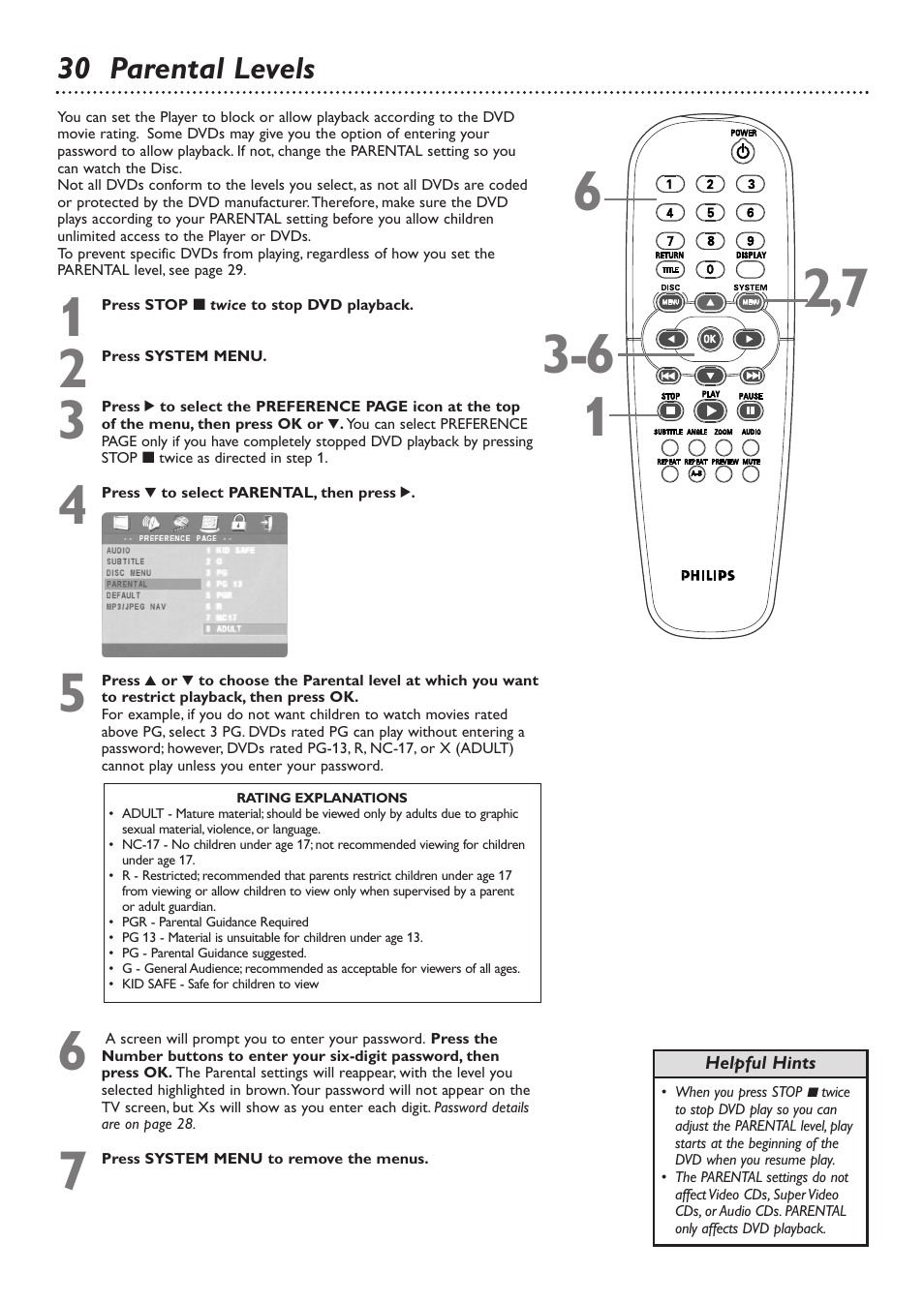 30 parental levels | Philips DVD726 User Manual | Page 30 / 51