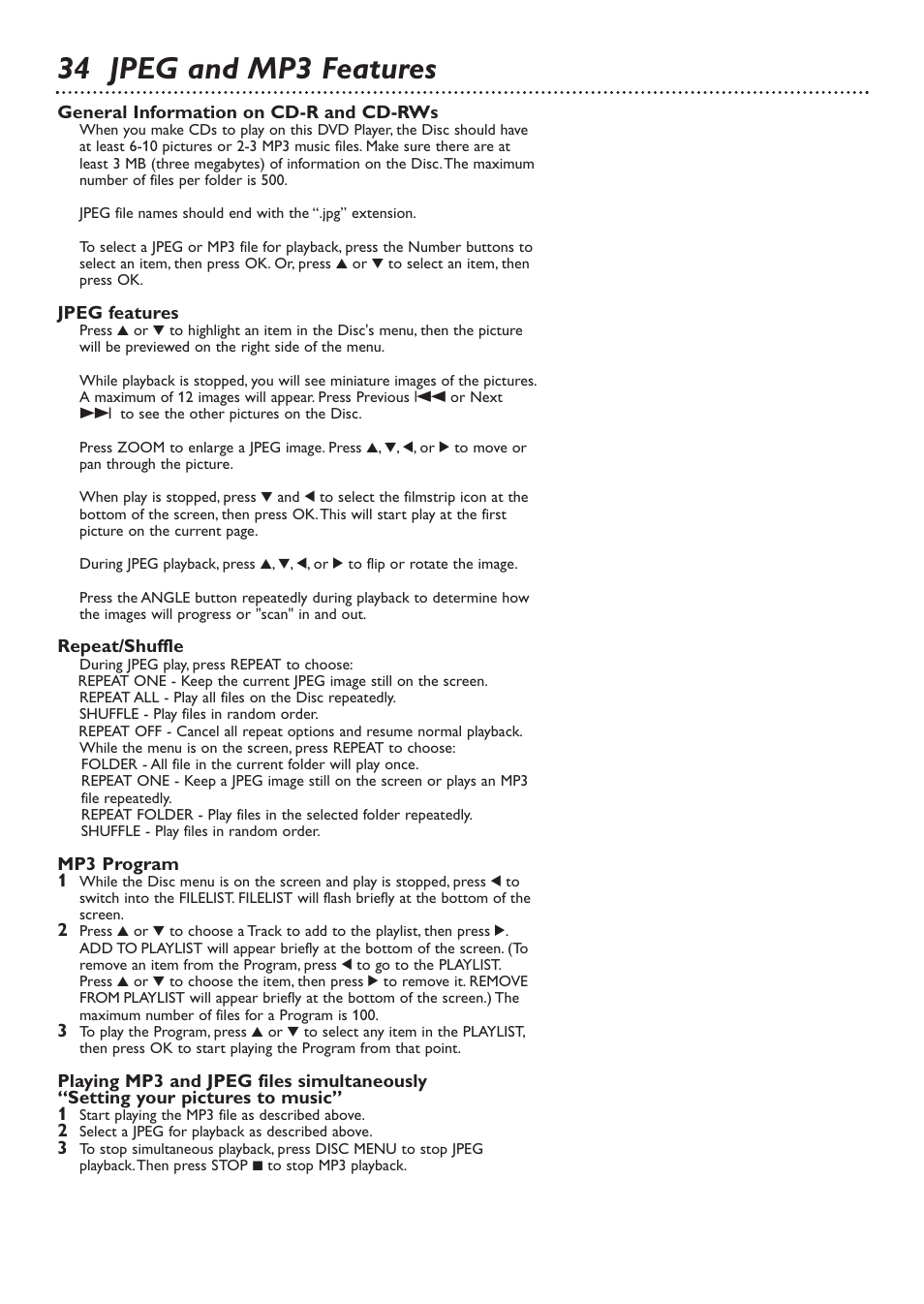 34 jpeg and mp3 features | Philips DVD726 User Manual | Page 34 / 51
