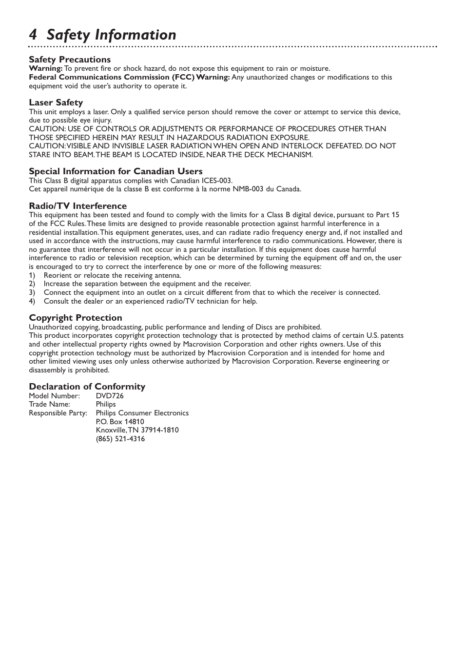 4 safety information | Philips DVD726 User Manual | Page 4 / 51