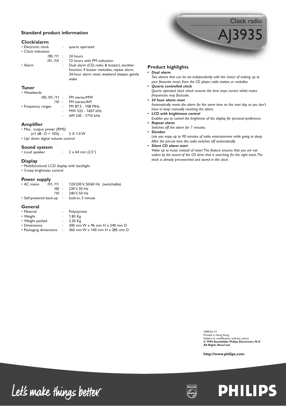 Aj3935, Clock radio | Philips AJ3935/00 User Manual | Page 2 / 2