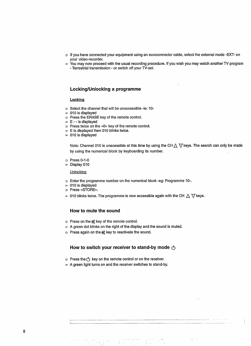 Locking/unlocking a programme, How to mute the sound, How to switch your receiver to stand-by mode (i) | Philips STU130A User Manual | Page 12 / 26