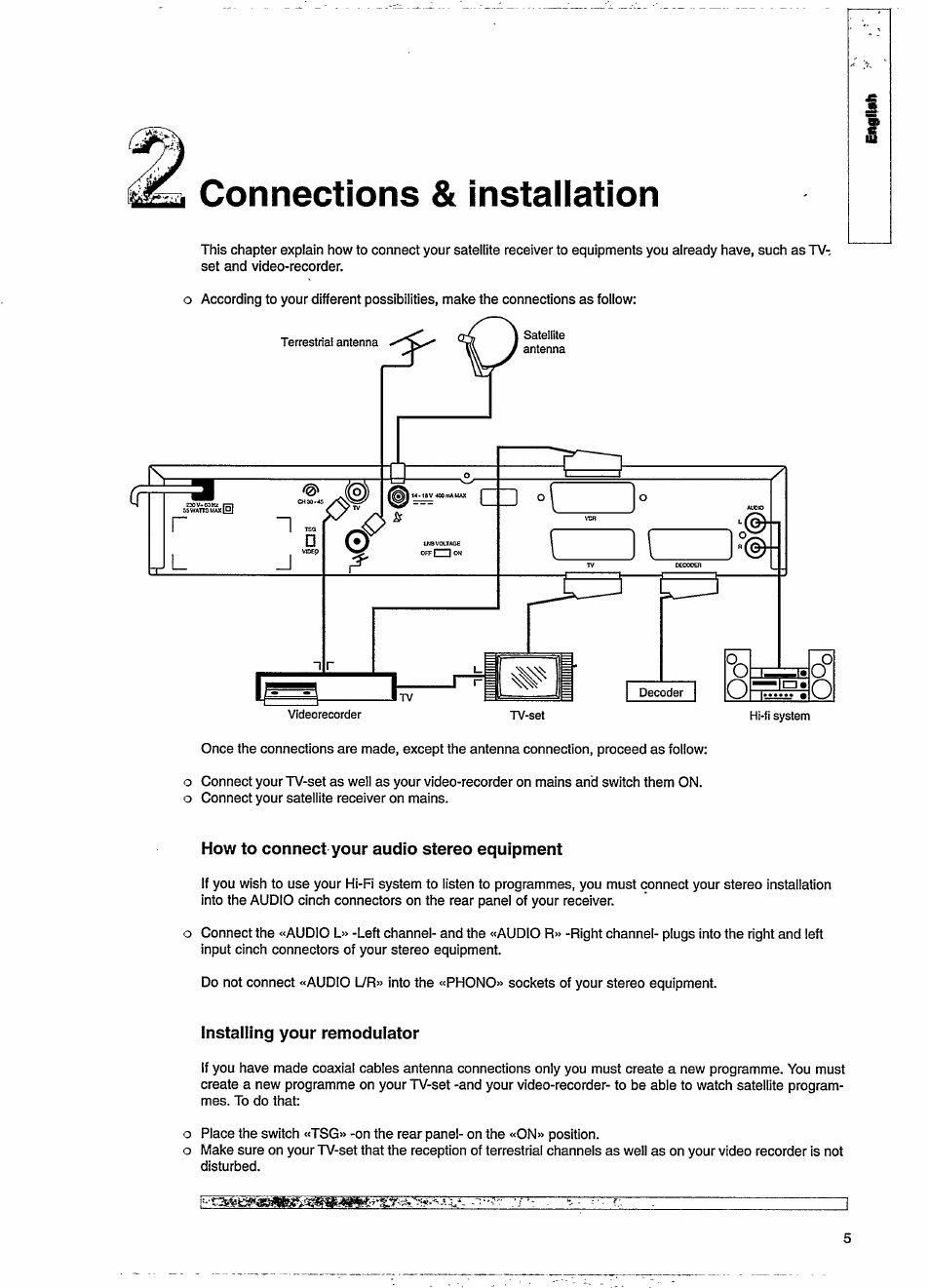 How to connect your audio stereo equipment, Installing your remodulator, Installing your modulator | Connections & installation | Philips STU130A User Manual | Page 9 / 26