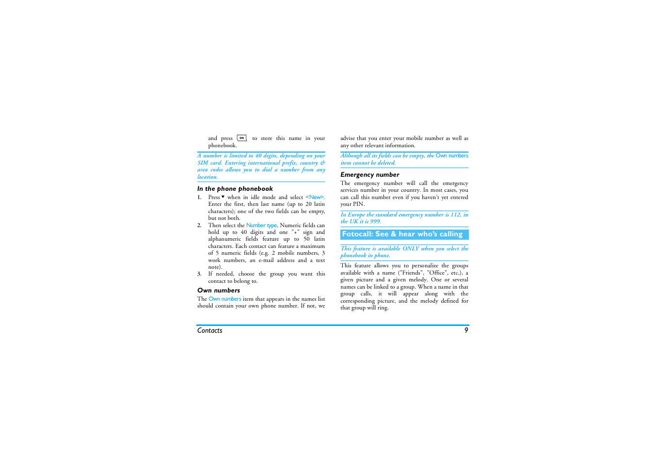 In the phone phonebook, Own numbers, Emergency number | Fotocall: see & hear who’s calling | Philips E-GSM 900/1800 User Manual | Page 14 / 45