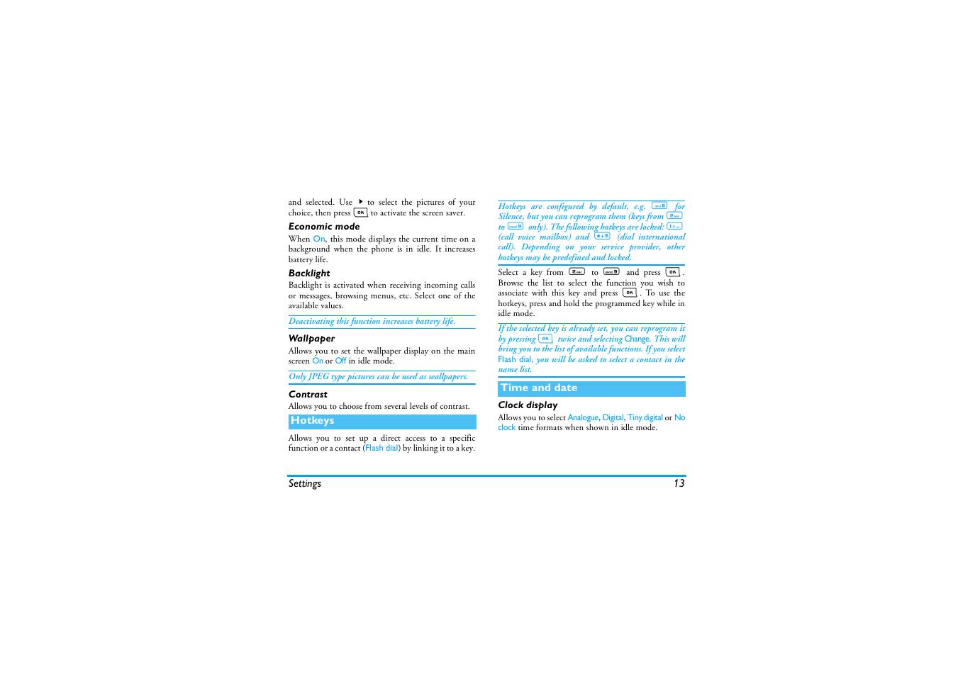 Economic mode, Backlight, Wallpaper | Contrast, Hotkeys, Time and date, Clock display | Philips E-GSM 900/1800 User Manual | Page 18 / 45