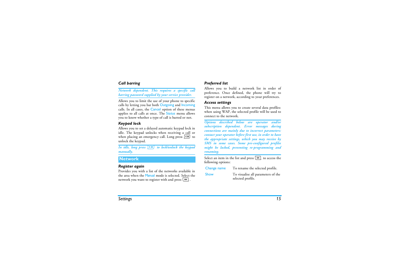 Call barring, Keypad lock, Network | Register again, Preferred list, Access settings | Philips E-GSM 900/1800 User Manual | Page 20 / 45