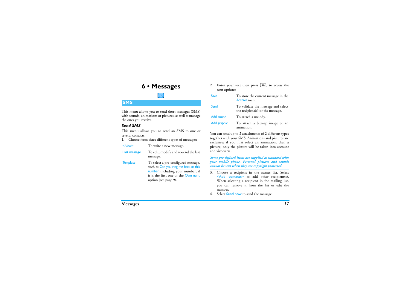 6 • messages, Send sms, Messages | Philips E-GSM 900/1800 User Manual | Page 22 / 45