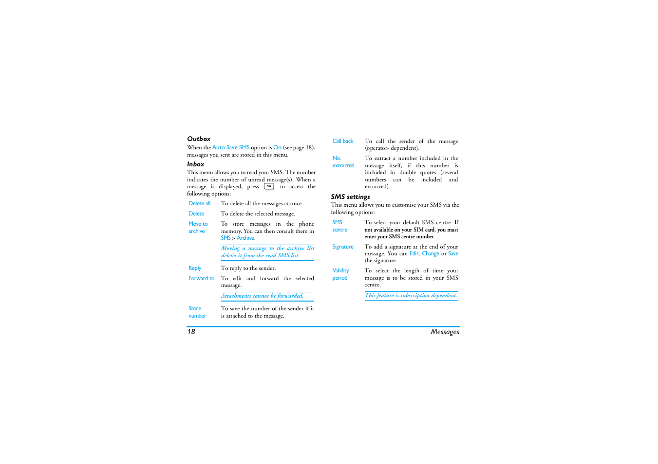 Outbox, Inbox, Sms settings | Philips E-GSM 900/1800 User Manual | Page 23 / 45