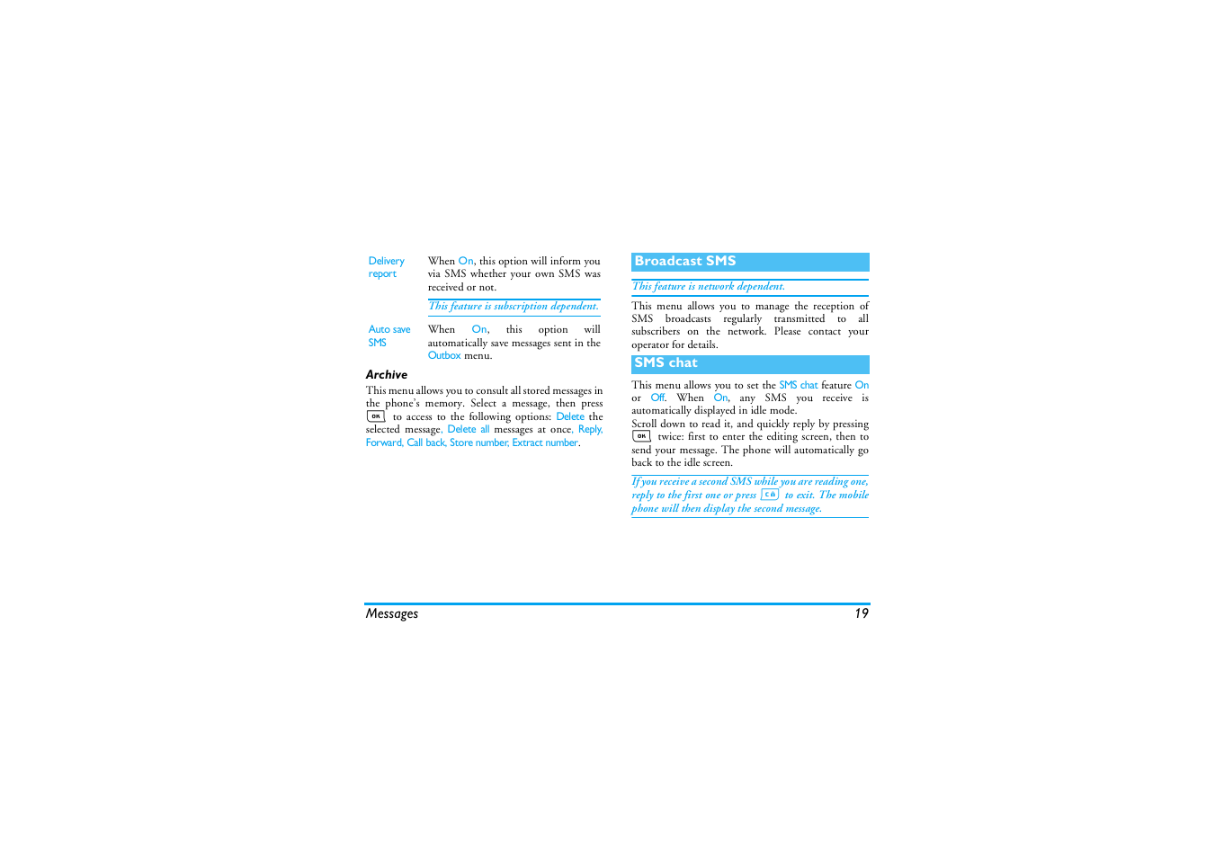 Archive, Broadcast sms, Sms chat | Philips E-GSM 900/1800 User Manual | Page 24 / 45