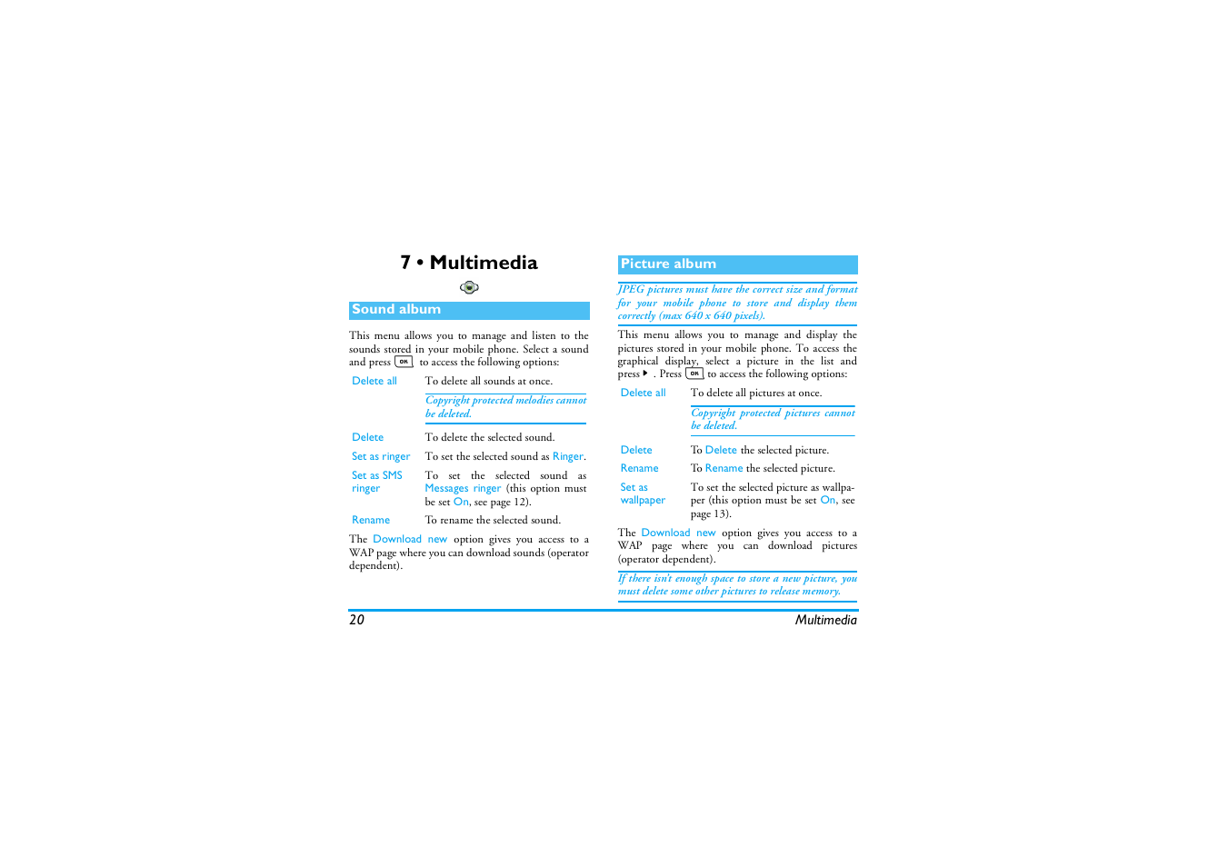 7 • multimedia, Sound album, Picture album | Multimedia | Philips E-GSM 900/1800 User Manual | Page 25 / 45