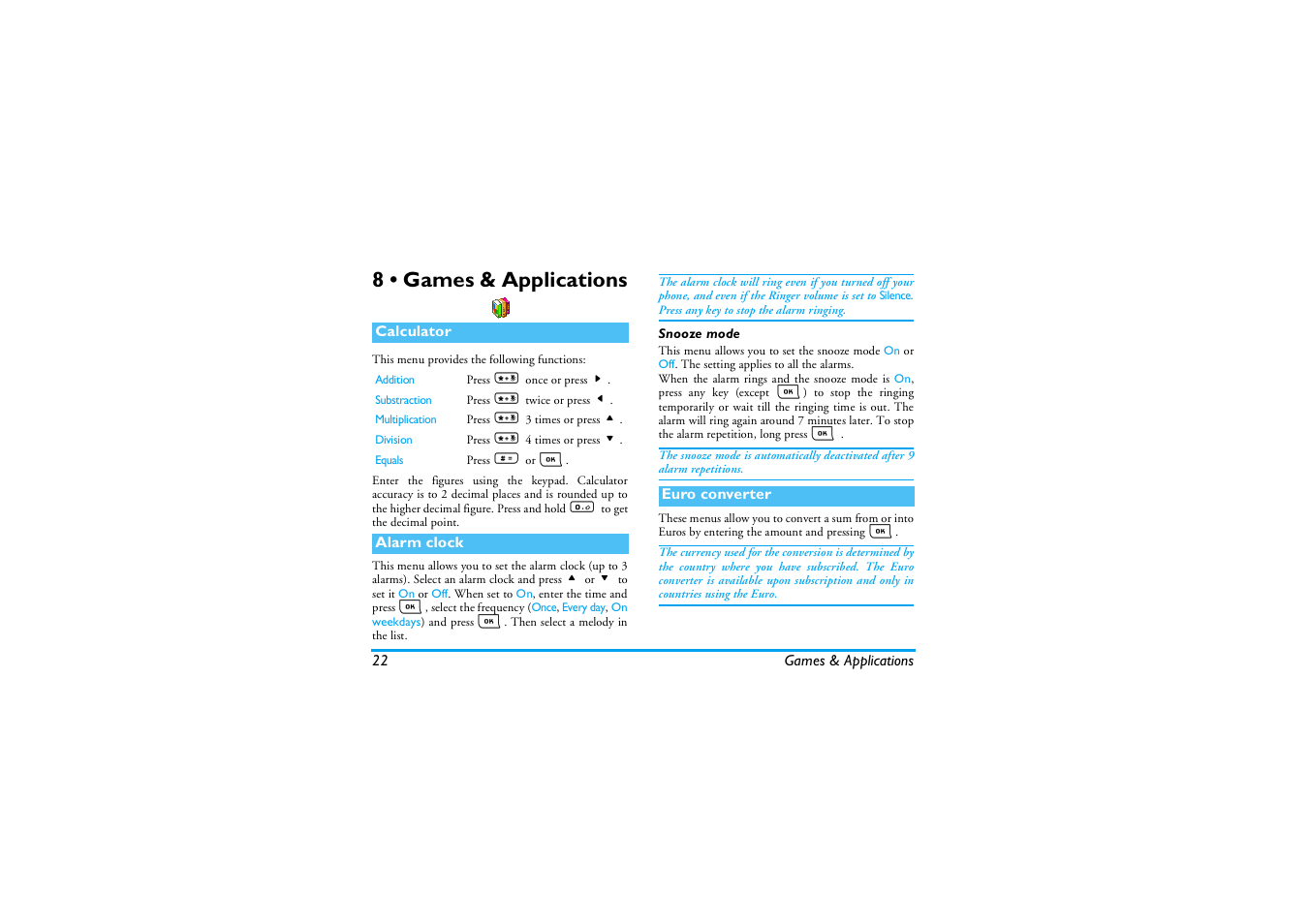 8 • games & applications, Calculator, Alarm clock | Snooze mode, Euro converter, Games & applications | Philips E-GSM 900/1800 User Manual | Page 27 / 45