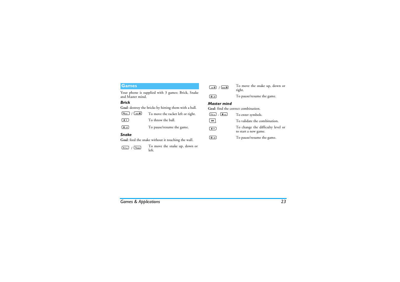 Games, Brick, Snake | Master mind | Philips E-GSM 900/1800 User Manual | Page 28 / 45