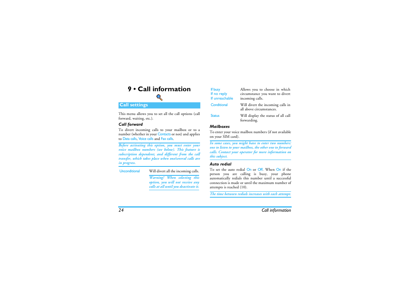 9 • call information, Call settings, Call forward | Mailboxes, Auto redial, Call information | Philips E-GSM 900/1800 User Manual | Page 29 / 45