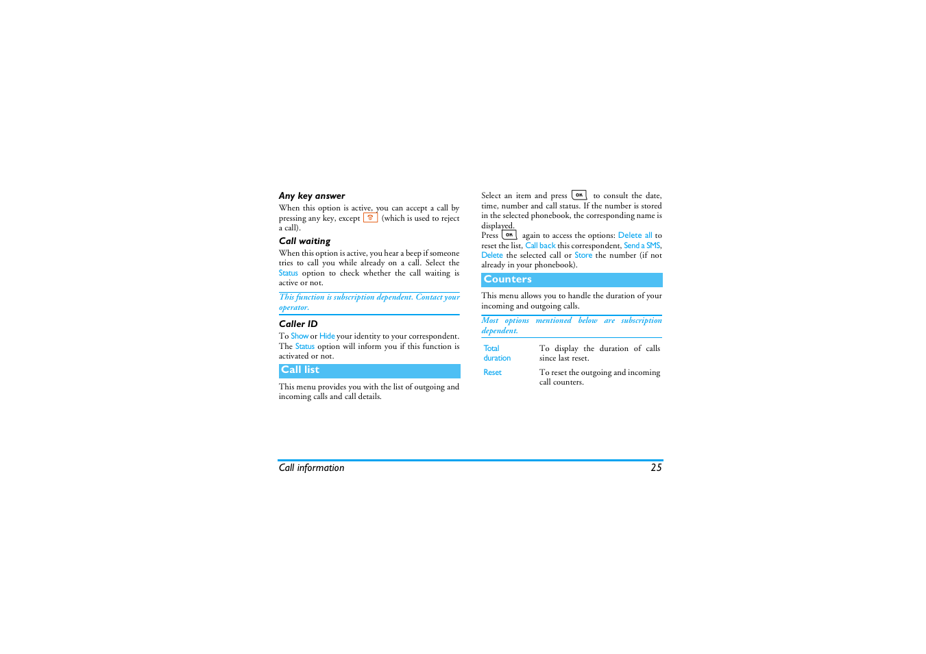 Any key answer, Call waiting, Caller id | Call list, Counters | Philips E-GSM 900/1800 User Manual | Page 30 / 45