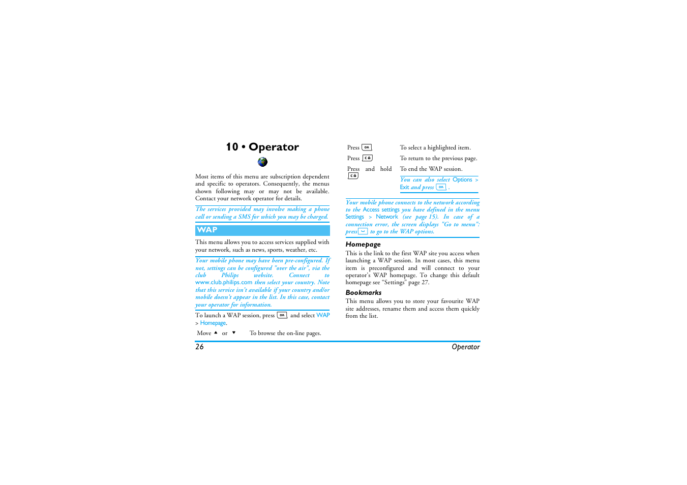 10 • operator, Bookmarks, Operator | Philips E-GSM 900/1800 User Manual | Page 31 / 45