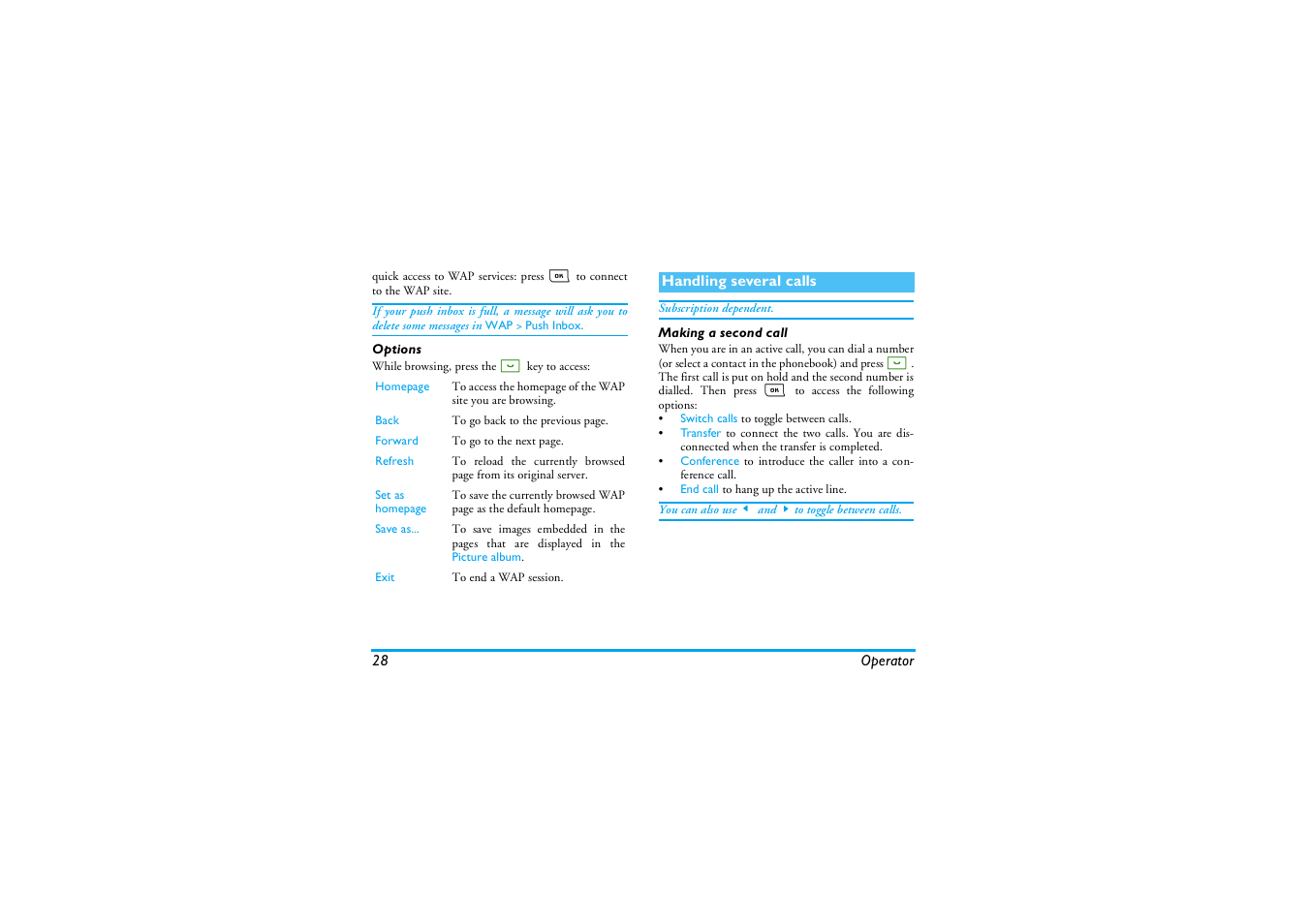 Options, Handling several calls, Making a second call | Philips E-GSM 900/1800 User Manual | Page 33 / 45