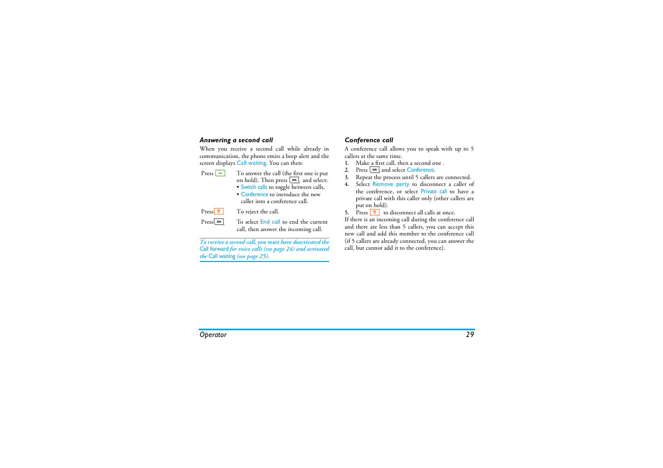 Answering a second call, Conference call | Philips E-GSM 900/1800 User Manual | Page 34 / 45