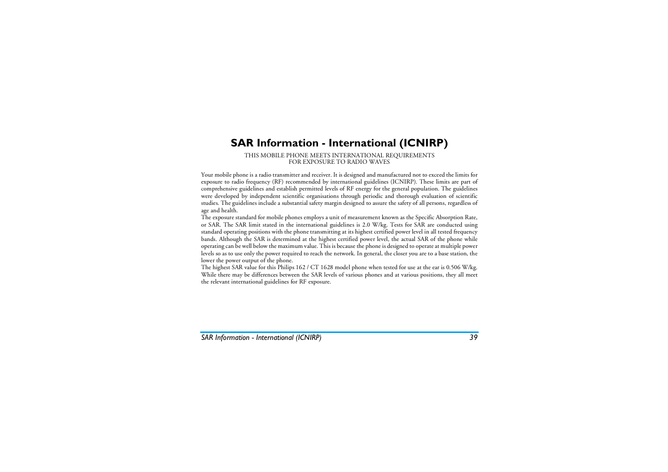 Sar information - international (icnirp) | Philips E-GSM 900/1800 User Manual | Page 44 / 45