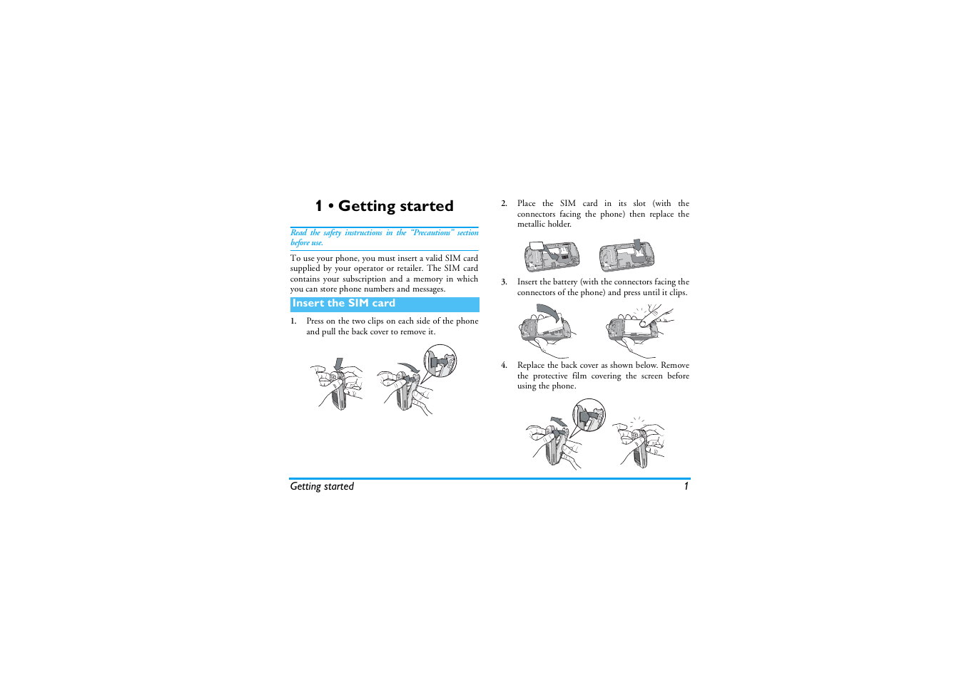 1 • getting started, Insert the sim card, Getting started | Philips E-GSM 900/1800 User Manual | Page 6 / 45