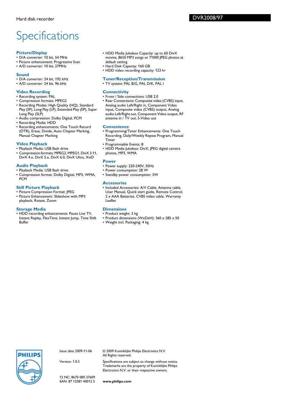 Specifications | Philips DVR2008/97 User Manual | Page 3 / 3