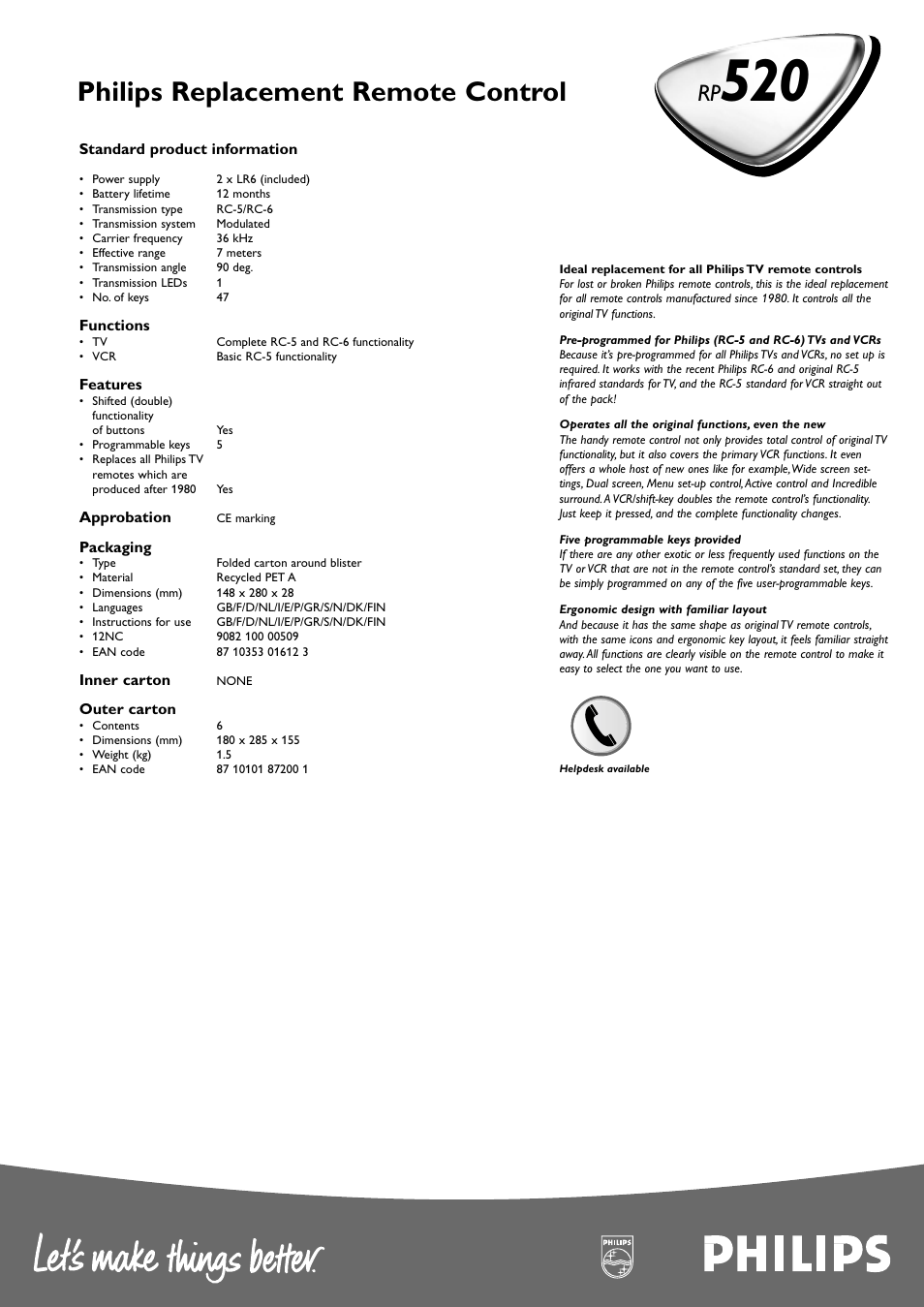 Philips replacement remote control | Philips RP520 User Manual | Page 2 / 2