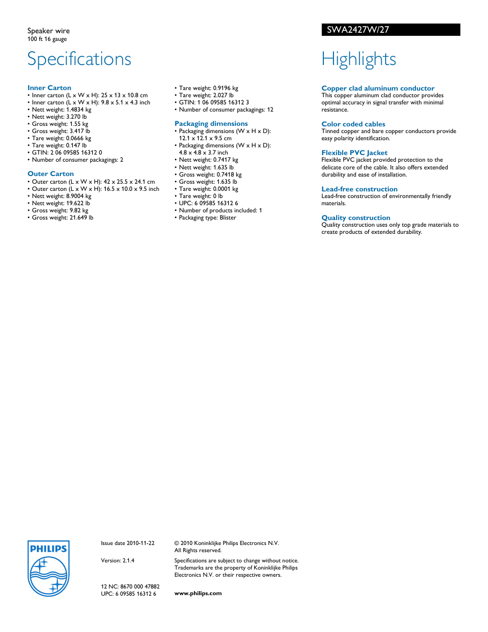Specifications, Highlights | Philips SWA2427W User Manual | Page 2 / 2