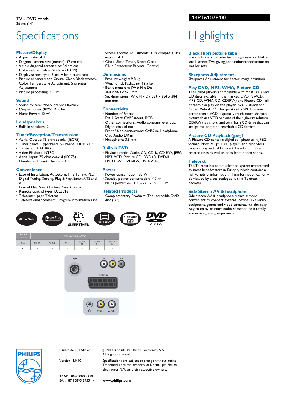 Specifications, Highlights | Philips 14PT6107E User Manual | Page 2 / 2