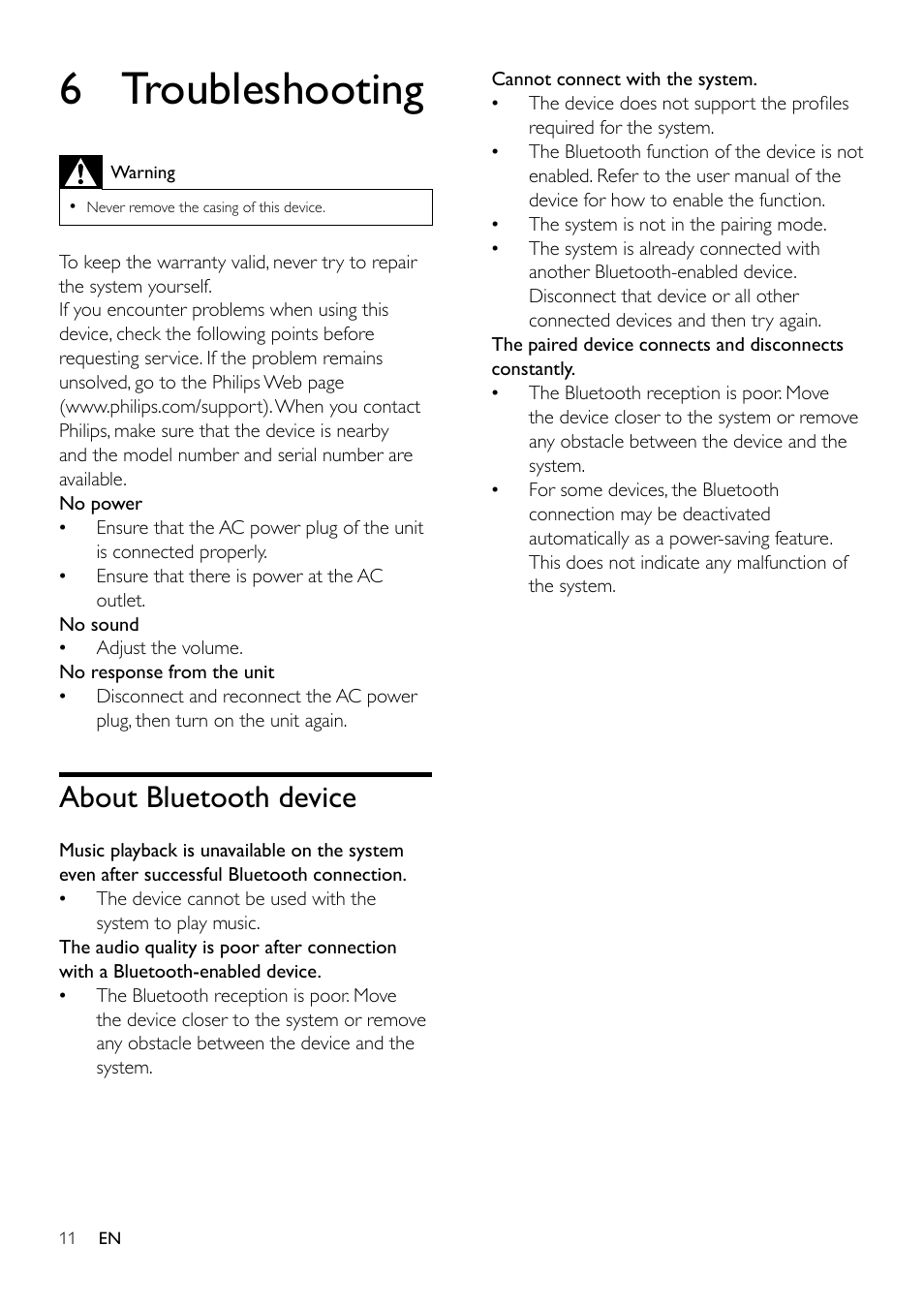 6 troubleshooting, About bluetooth device | Philips DS7530/05 User Manual | Page 11 / 13