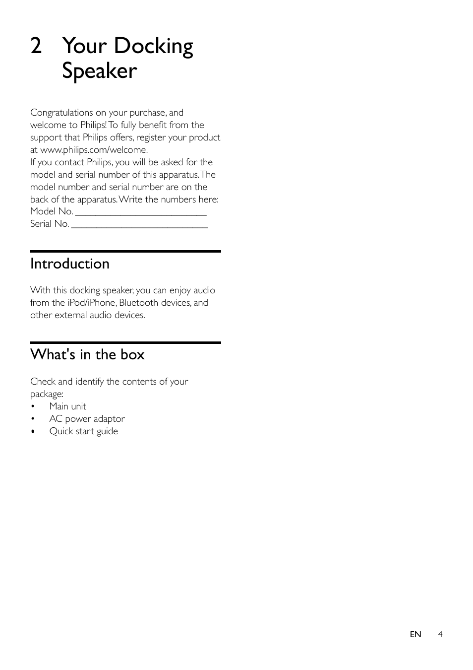 2 your docking speaker, Introduction, What's in the box | Philips DS7530/05 User Manual | Page 4 / 13