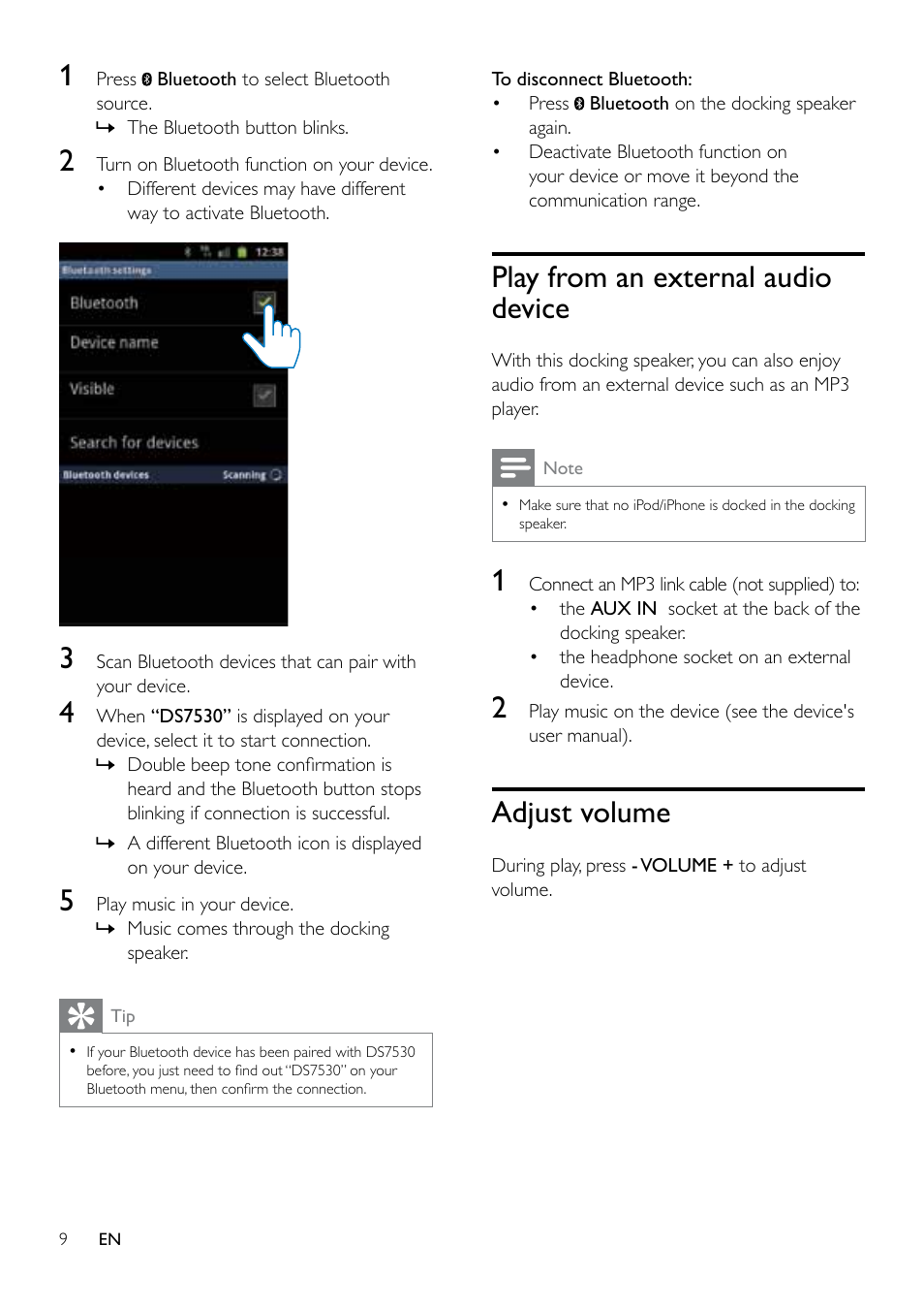 Play from an external audio device, Adjust volume | Philips DS7530/05 User Manual | Page 9 / 13