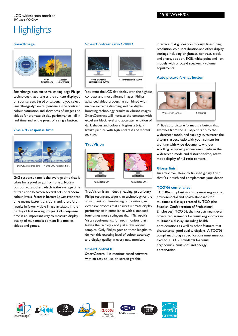 Highlights | Philips WXGA+ 190CW9FB/05LCD User Manual | Page 2 / 3