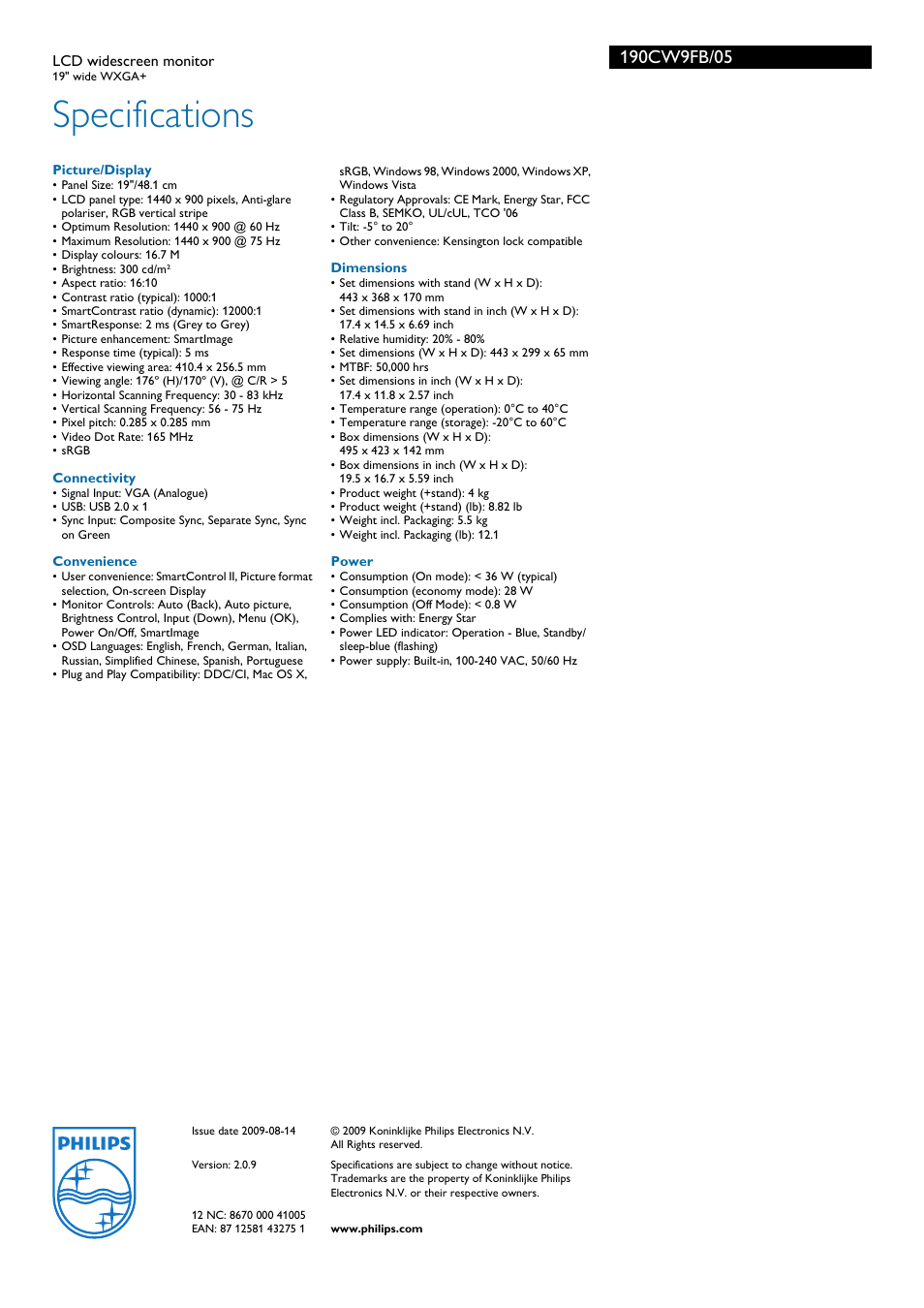 Specifications | Philips WXGA+ 190CW9FB/05LCD User Manual | Page 3 / 3