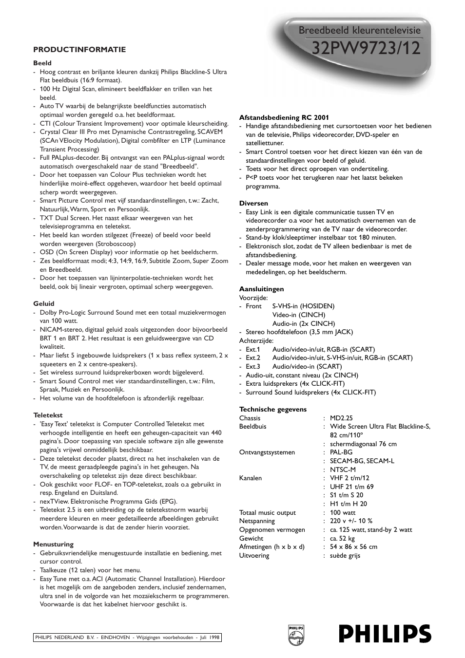 Breedbeeld kleurentelevisie | Philips MATCHLINE 32PW9723/12 User Manual | Page 2 / 2