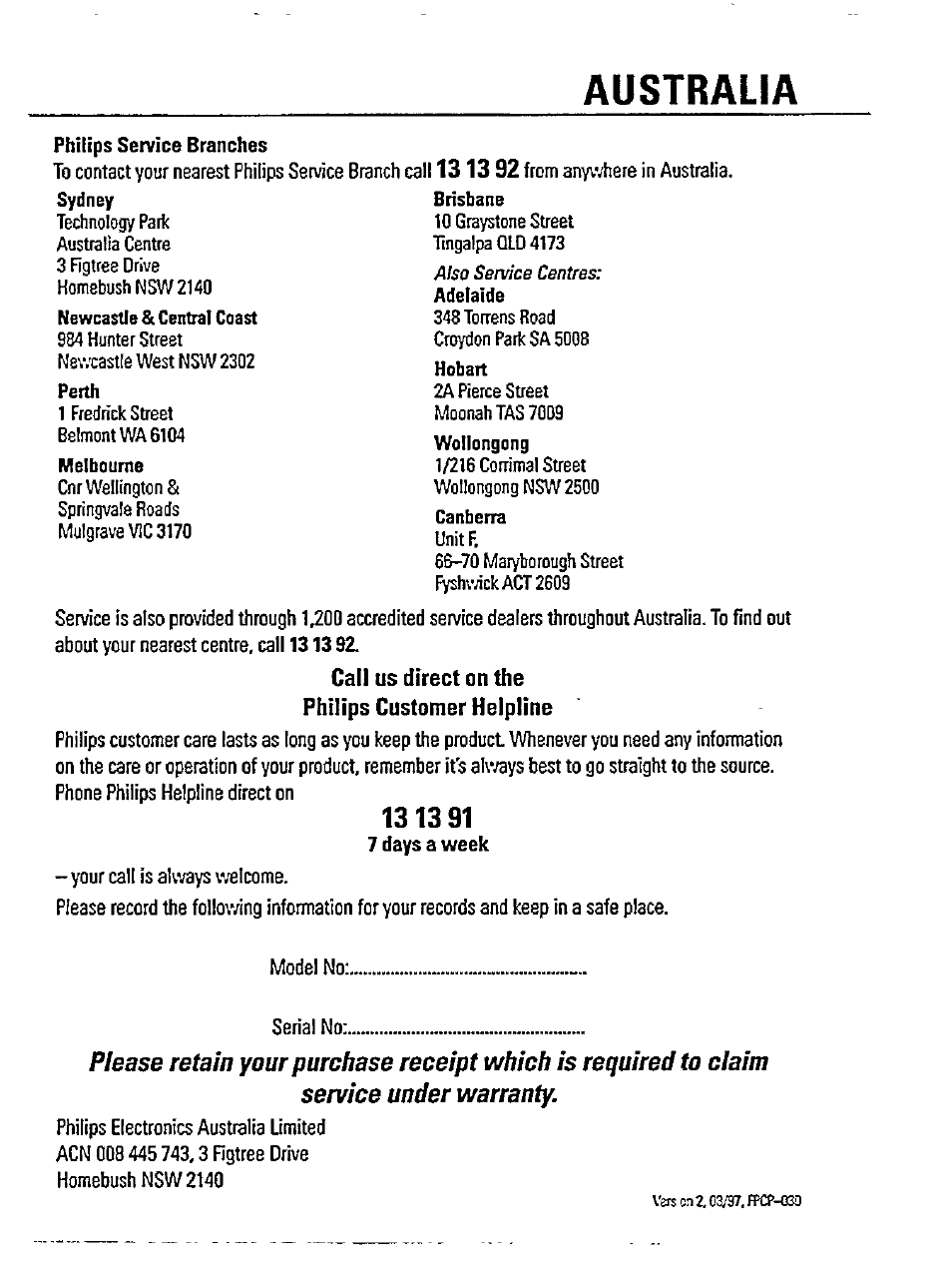 Australia, Call us direct on the philips customer helpline | Philips AZ 7595/00 User Manual | Page 21 / 23